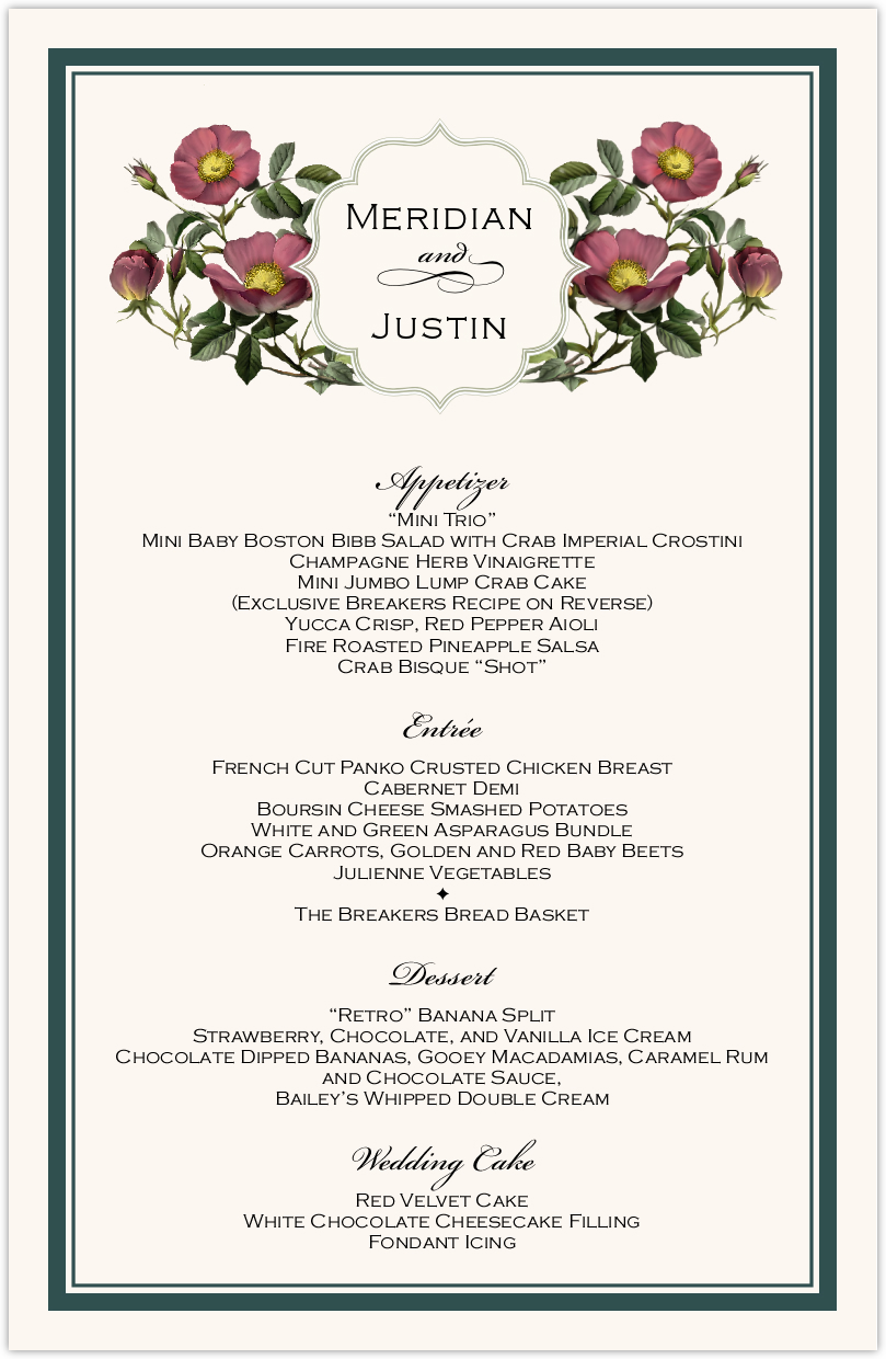 rose garden wedding menu cards custom menu card designs menu card example